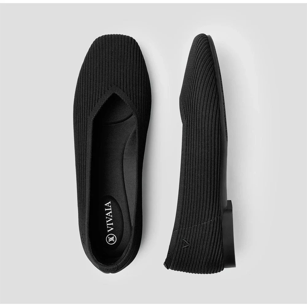 VIVIAI Black Square Toe Flat Ribbed Knit Ballet Margot 2.0 EU 41.5 Womens V Cut‎